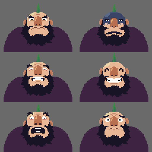 Sprite sheet for the Boss character's expressions. Created in Aseprite.